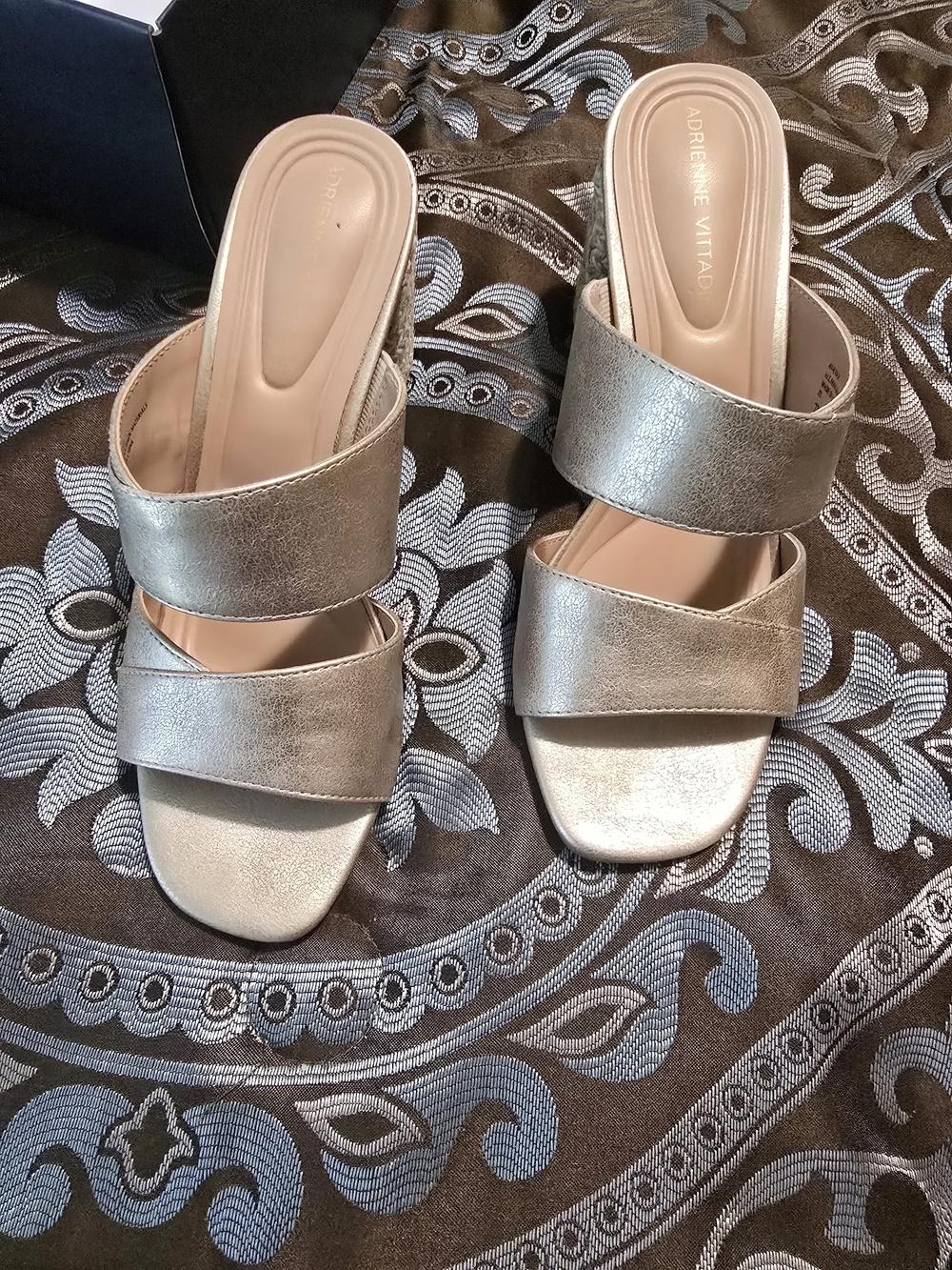 Adrienne Vittadini Metallic Pewter Double-Band Slide Mules